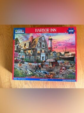 White Mountain Harbor Inn 1000 pc Puzzle Complete  Inn Fishing Boat Light House